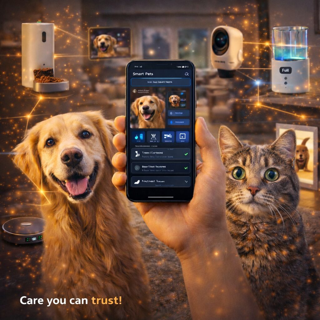 smart home pet care smart home system interface with connected devices
